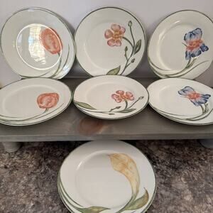 7 VTG Pier 1 Floral Salad/Dessert Plates Calla Lilly~Iris~Orchid~Tulip 7 1/2”